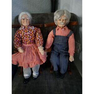 VTG William Wallace Jr Grandma Grandpa Porcelain Dolls W/Wood Rocking Chairs